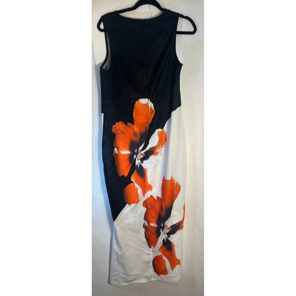 Woman's Sleeveless V-Neck Dress Floral Orange‎ Black White Size Large